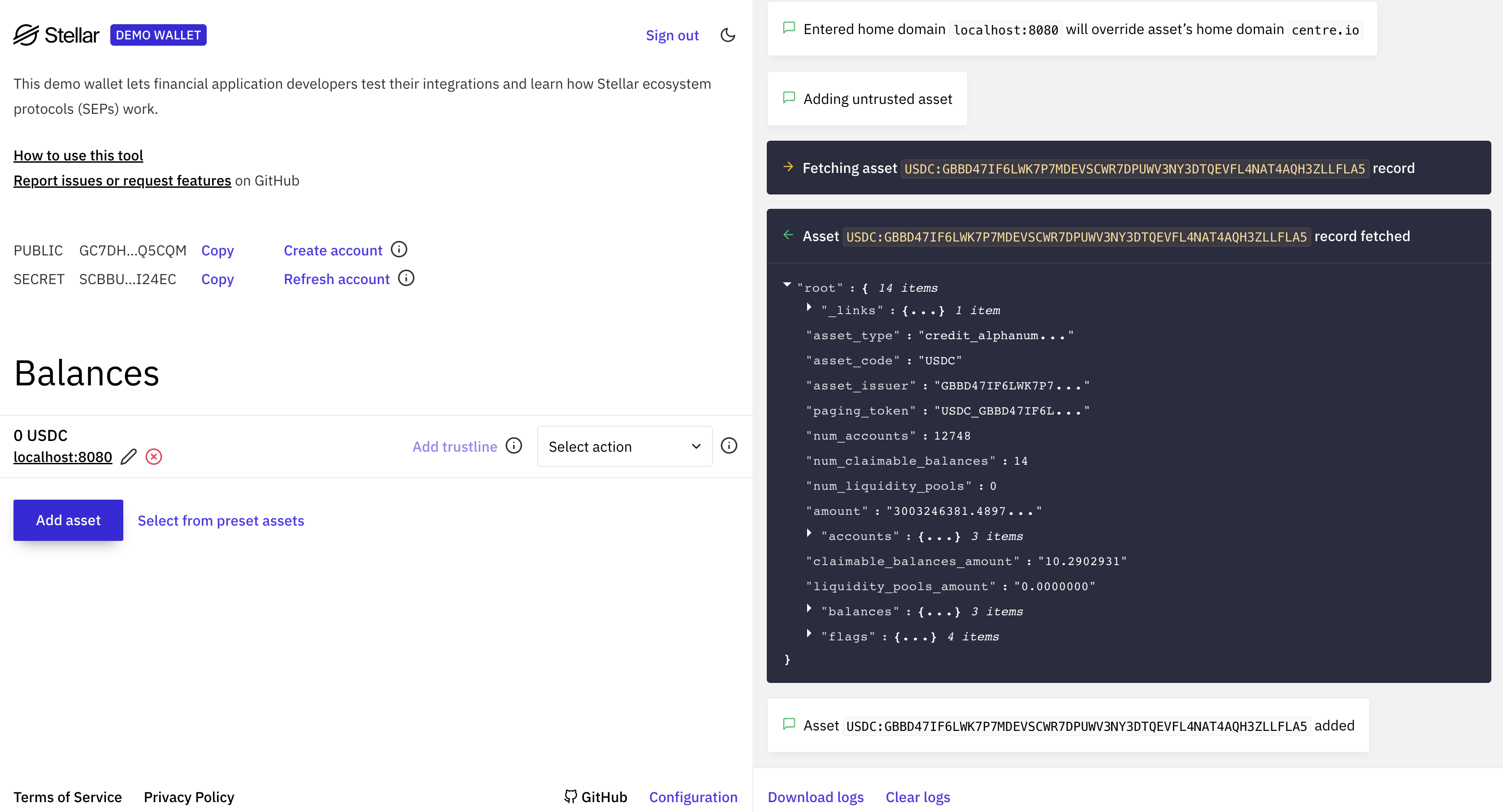 billetera de demostración conectada a la Anchor Platform