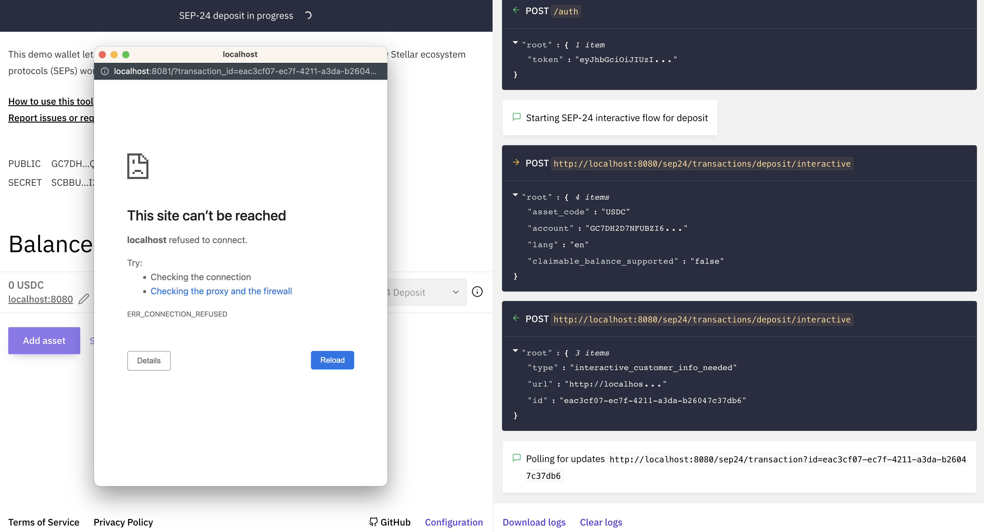 billetera de demostración después de iniciar una transacción